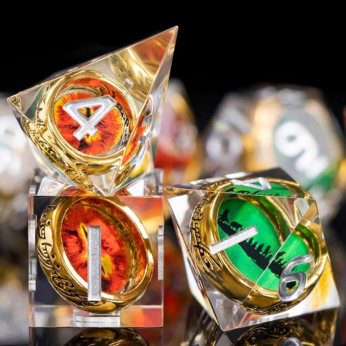 Magic Golden Ring DND Dice Set Sharp Edge Red Gaze Eye Resin Dice with Box, for use with RPG D&D Tabletop Games Lord D and D Polyhedral Dice Set