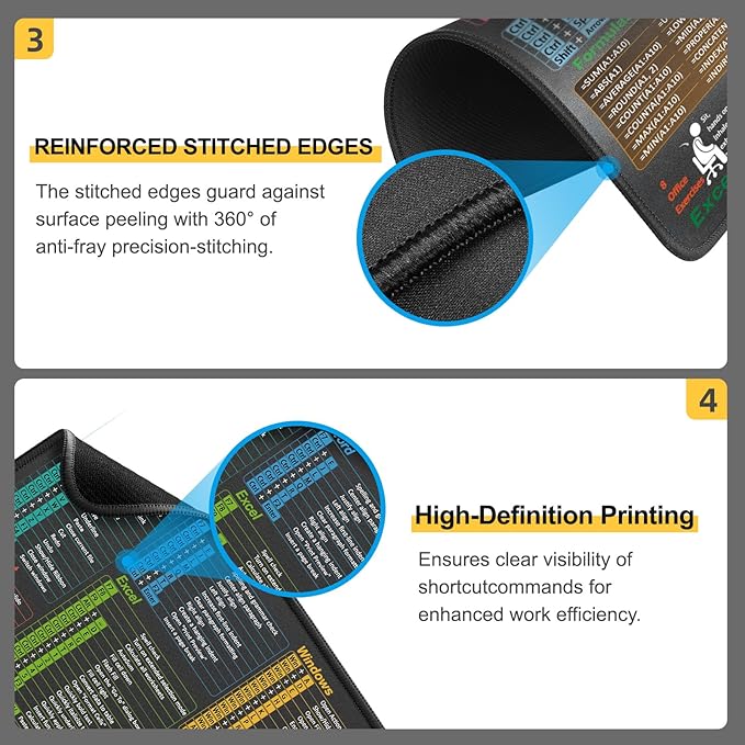 Mouse Pad for Excel/Word/PowerPoint/Windows Shortcuts – Small Excel Cheat Sheet Desk Pad – 11.8"x9.8" Portable Computer Mousepad – Gaming, Office, Waterproof, Non-Slip, Stitched Edges