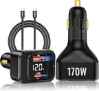 170W PD3.1 Car Charger with LED Voltage Display, USB-C Cigarette Lighter Adapter Fast Charging (140W+30W) for iPhone 16 Pro Max/Samsung S25 Ultra/MacBook/Drones/Laptops, 12V-24V Vehicle