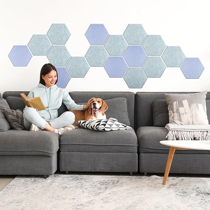 Mollywell Hexagon Acoustic Panels, High Density, Soundproofing, Decorative Noise Reduction Felt Wall Tiles for Ceilings, Home Office & Gaming Room (Smoky Blue), 14x12x0.4 Inch