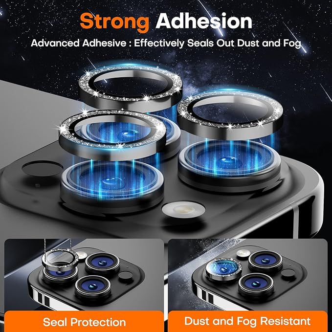 Camera Lens Protector for iPhone 16 Pro Max/16 Pro/15 Pro Max/15 Pro/14 Pro Max/14 Pro, Sapphire Glass Metal Individual Camera Cover Screen, Anti-drop, Case Friendly- Glitter Black Titanium