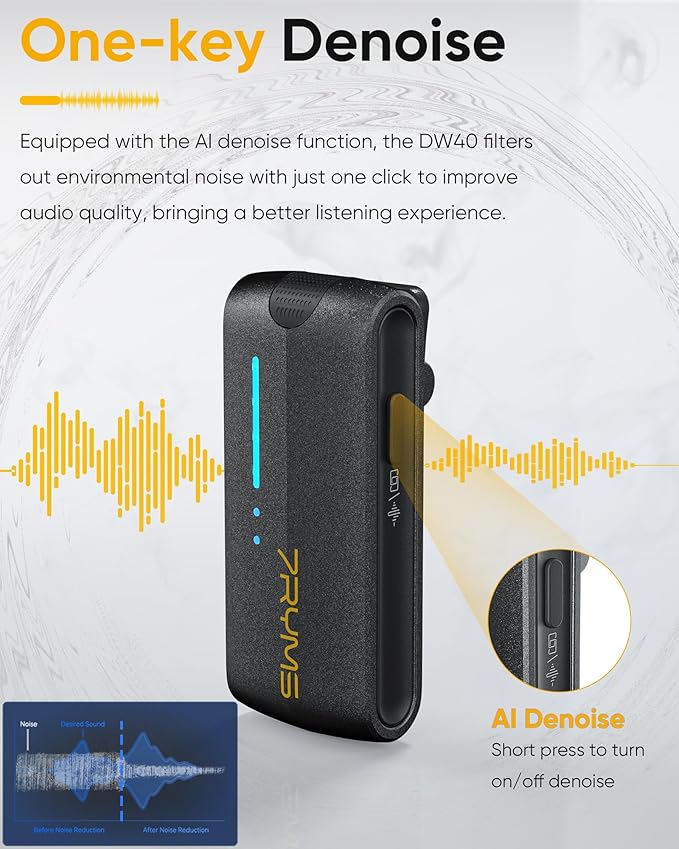 7RYMS iRay DW40 Wireless Lavalier Microphone System with 4 Transmitter, Noise Cancellation, 656ft Range, 12.5H Working, Lapel Mic for iPhone Android Camera PC, Podcast Live Streaming Interview