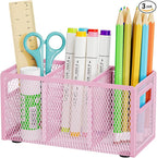 Marbrasse Mesh Pen Holder for Desk,Pencil Holder Desk Organizer 3 Adjustable Compartments,Pencil Cup with Handle Perfect for Classroom, Office, Home,Makeup,Art (Pink)