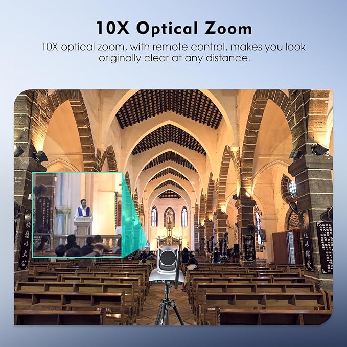 TOALLIN Wireless PTZ Conference Room Camera, 10X Optical Zoom, 1080P Full HD Video Calling and Streaming, Wireless Conference Webcam for Video Conferencing/Church Services Worship/Online Teaching