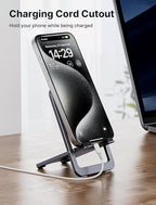 JSAUX Cell Phone Stand, Foldable Aluminum Adjustable Phone Holder for Desk Portable Travel Essentials Office Accessories Compatible with iPhone 16 15 14 13 Pro Max Samsung S24 S23 Ultra Kindle-Gray