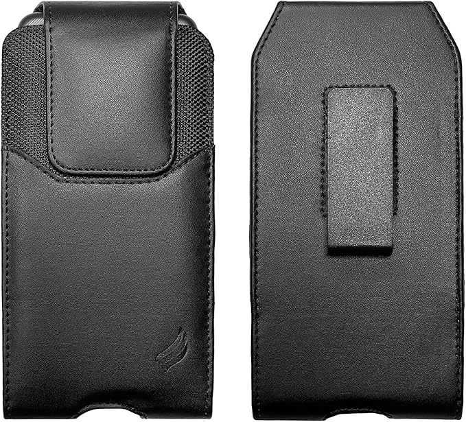 Leather Cellphone Holster for iPhone 12/13/14/15 Pro Max/Plus, Samsung Galaxy A04S A13 A14 A15 S22 S23 S24 Plus, TCL 40 XE XL - Vertical Case Waist Carrying Pouch with Belt Clip/Loops, Black