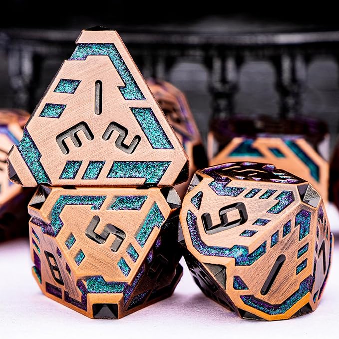 Metal DND Sci-fi Dice Set 7PCS Stripe Polyhedral Dice for Dungeons Dragons RPG Role Playing Game, Glitter D and D Dice with Gift Box D6 D8 D10 D12 D20 (Ancient Bronze&Green Purple)