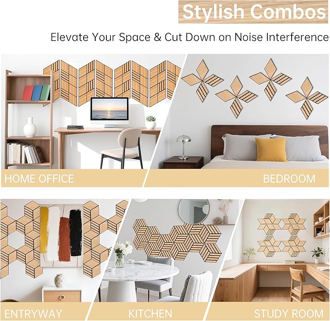 Mollywell Hexagon Acoustic Panels, Natural Oak TW4, 14x12x0.4 Inch, 12 Pack |Wood Veneer|High Density Sound Proofing Wall Panels|Self Adhesive Sound Dampening Felt Wall Tiles|Home Theater|Gaming Room|