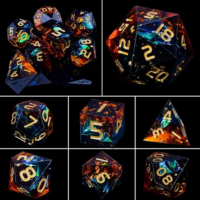 ARUOHHA DND Resin Dice Set 7Pcs Handmade Glitter Inclusions Sharp Edge Dragons Dice with Box, Role Playing Game RPG Lightning Polyhedral Dungeons D and D Dice Set