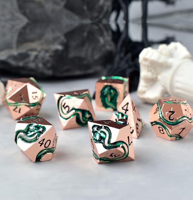 RULE DICE Serpent's Embrace Metal DND Dice Set - 7pc Polyhedral D&D Dice for TTRPGs Like Dungeons and Dragons and Pathfinder - Emerald Green Snake Design, Heavy & Balanced for Tabletop Gaming