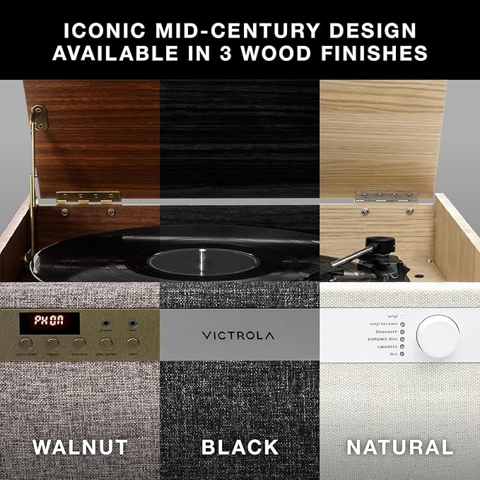 Victrola Century 6-in-1 Vinyl Record Player & Music Center – 3-Speed Turntable, CD & Cassette Player, VINYLSTREAM, Bluetooth & 3.5mm Aux, Record Player with Speakers, Mid Century Design (Natural)