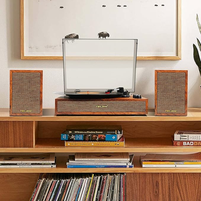 Vinyl Record Player with External Speakers, 3 Speed Bluetooth Turntable for Vinyl Records, Vintage Belt Drive Record Player with Stereo Speakers and Auto Stop, RCA Audio Out and Aux-in,Light Wood