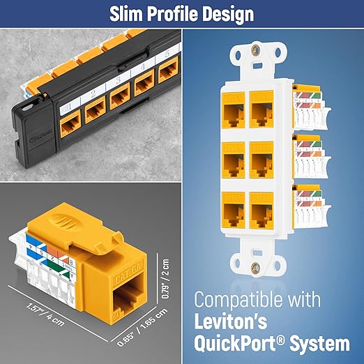 Everest 45° Angled RJ45 Cat6A Keystone Jacks 50-Pack in Yellow - Slim Profile Female RJ45 Connectors - Cat 6A Keystone Jack - Compatible with 45° Angled Speed Termination Tool - 45Term (B0BL3GS7ZY)
