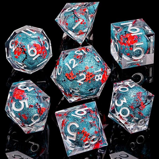 ARUOHHA DND Resin Dice Plum Blossom Liquid Core Dice Silver Blue Sharp Edged Dragons Polyhedral Dice Set with Gift Box, Role Playing Game Dungeons D and D Dice Set D20 D12 D10 D6 D4