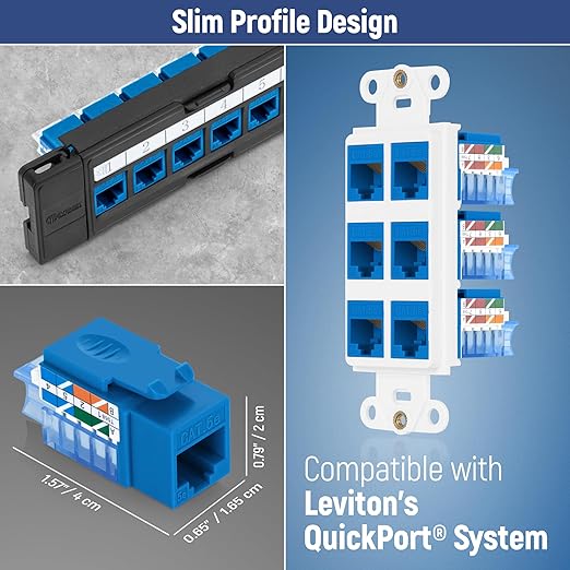 Everest 45° Angled RJ45 Cat5e Keystone Jacks 10-Pack in Blue - Slim Profile Female RJ45 Connectors - Cat 5e Keystone Jack - Compatible with 45° Angled Speed Termination Tool - 45Term (B0BL3GS7ZY)
