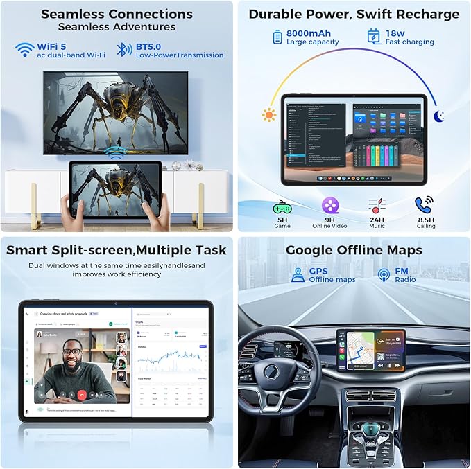 Tablet 12 inch Android 15 Tablets, 24GB（8+16）RAM+256 Storage(Expand to 1TB), Android Tablet with Keyboard, Octa-Core, 2K 2000x1200 Display, 16MP Dual Camera, 8000mAh, 5G WiFi,GPS,Bluetooth 5.0（Silver）