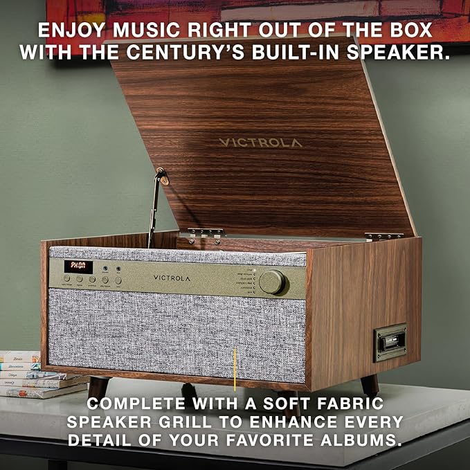 Victrola Century 6-in-1 Vinyl Record Player & Music Center – 3-Speed Turntable, CD & Cassette Player, VINYLSTREAM, Bluetooth & 3.5mm Aux, Record Player with Speakers, Mid Century Design (Black)