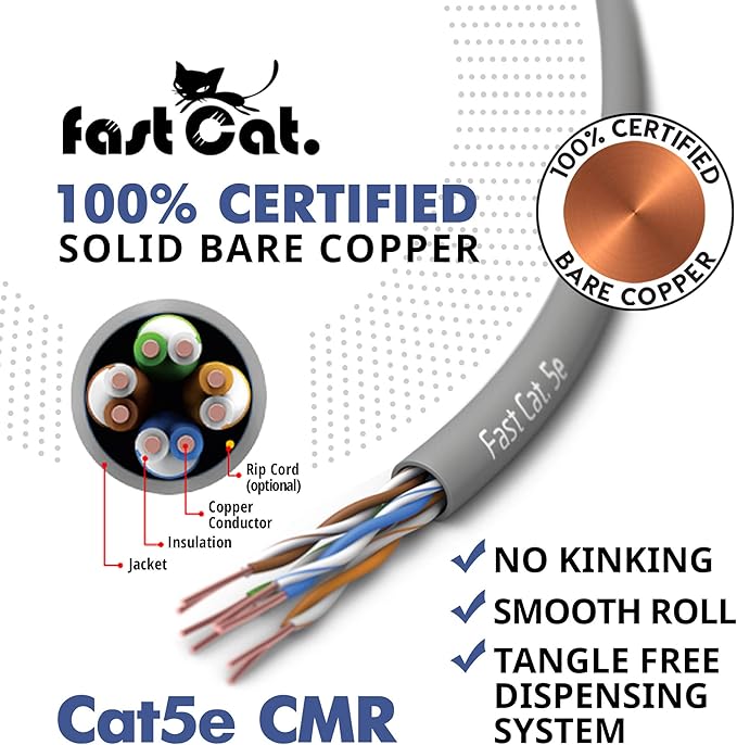 fast Cat. Cat5e Ethernet Cable 1000ft - 24 AWG, CMR, Insulated Bare Copper Wire Cat 5 ethernet Cable with FastReel - 350MHZ / Gigabit Speed UTP Cable Cat5e - CMR (Gray)
