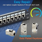24 Port RJ45 Patch Panel Cat6 STP Feed Through, Coupler Network Panel 19 Inch, Inline Keystone Ethernet Patch Panel with Back Bar