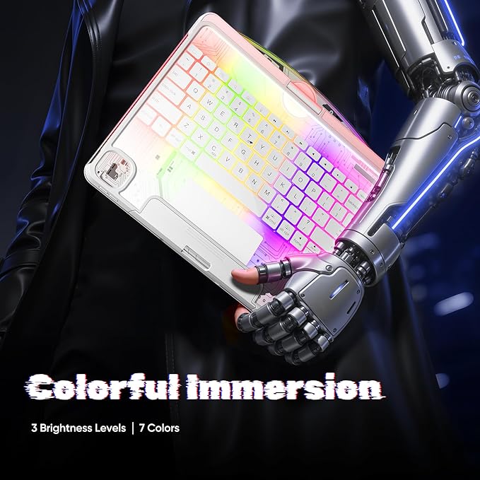 KITONE for iPad Air 11 Inch (M3/M2,2025/2024) Transperant Case with Wireless Keyboard, 7 Color Backlight, Trackpad, 360°Rotating Stand for 10.9" iPad Air 5th/4th, 11" iPad Pro 4/3/2/1 Case, Cyberpunk