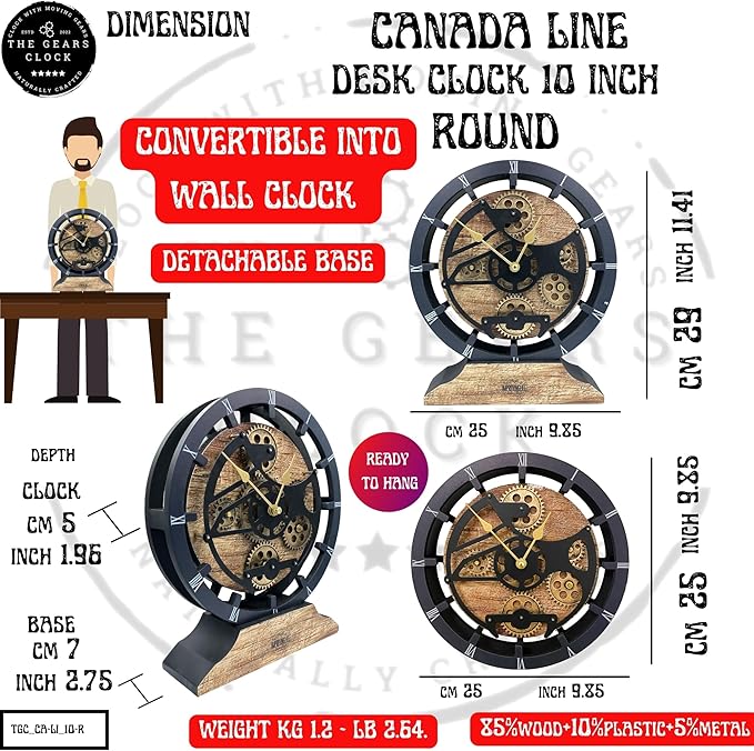 The Gears Clock Desk Clock 10 inches with Real Moving Gears Convertible into Wall Clock (Silver Glamour)