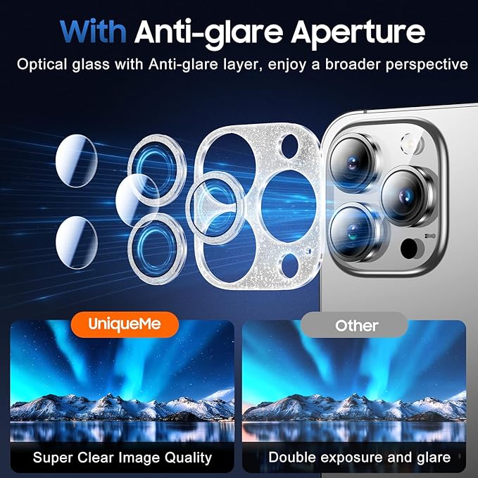 UniqueMe 3 Packs Compatible for iPhone 13 Pro Max/iPhone 13 Pro Camera Lens Protector Acrylic [Not Glass],[Case Friendly][Scratch-Resistant][Night Shooting Mode]-Glitter Silver