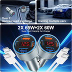 iPhone Fast Car Charger, 65W 4-Port USB C Car Phone Charger Adapter with 2x6FT USB C Cable, Multi Port Cigarette Lighter USB Charger with Voltage Display for iPhone 16 15 Pro Max,iPad,Samsung, Android