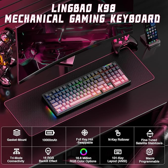 LINGBAO K98 Wireless Mechanical Gaming Keyboard, Tri-Mode BT5.0/2.4GHz/USB-C, Creamy Keyboard with Number Pad, Hot Swappable Gasket Custom Linear Switches RGB Backlit Keyboards for Win/Mac/PC/Laptop