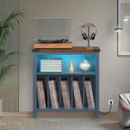 Large Record Player Stand with Charging Station & LED Lights, Vinyl Records Storage Holder Cabinet Holds up to 230 Albums, Turntable Stand for Music Room, Bedroom, Living Room, Office (Blue)
