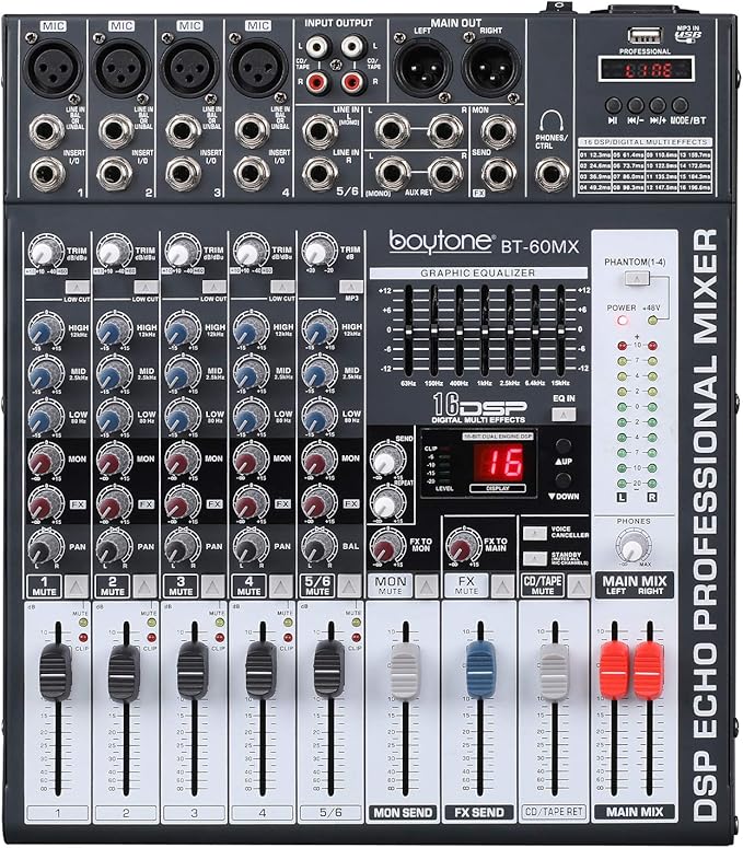 Boytone BT-60MX, 6 Channel Bluetooth Audio Mixer - DJ Sound Controller, USB MP3 Player, 4 XLR Microphone Jack, 7 Band EQ, 16 DSP Digital Multi Effects Processor, RCA IN-OUT Jack, 48V Phantom Power