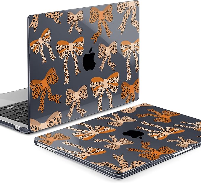 MEEgoodo Case for MacBook Air M4/M3/M2 13.6 inch 2025 2024 2022, Fit Model A3240 A3113 A2681, Compatible with MacBook Air 13 inch, Laptop Hard Shell with Keyboard Cover, Ribbon Bow with Leopard Skin