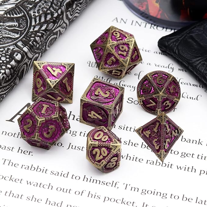 Haxtec Metal Dice Set Purple Black Dragon Pattern Metal DND Dice with Leather Dice Bag Polyhedral D&D Dice Compatible with Dungeons and Dragons TTRPG Gifts