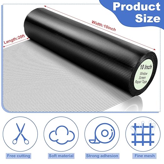Extra Wide 10 inch x 20 ft Window Screen Tape Mesh Repair Strong Adhesive Waterproof Fiberglass Screen Repair Kit Patch for Window Door Tears Holes(Black)
