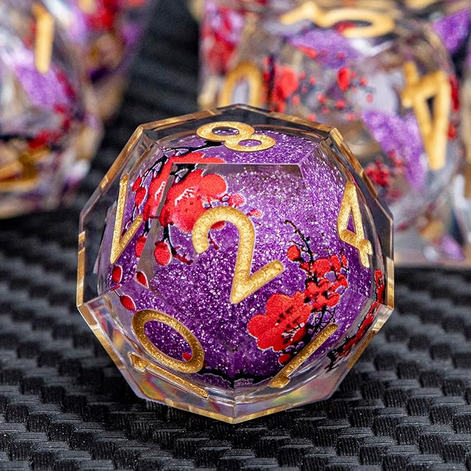 ARUOHHA DND Resin Dice Plum Blossom Liquid Core Purple Sharp Edged Polyhedral Dragons Dice Set with Gift Box, Dungeons D and D Dice Role Playing Game D20 D12 D10 D8 D6 D4