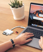 SD Card Reader for iPhone iPad Built-in Lightening & USB-C Dual Connectors Card Adapter with SD MicroSD USB-A 3 Slots Trail Camera Memory Card Viewer, Portable No App Required Plug and Play