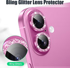 AGVEE 3+3 6 Pack for iPhone 16 6.1" / 16 Plus 6.7" Camera Lens Cover Protector, Bling Glitter & CD-Textured Metal Ring 9H Tempered HD Glass Camera Cover Protector Film, Glitter-Rose