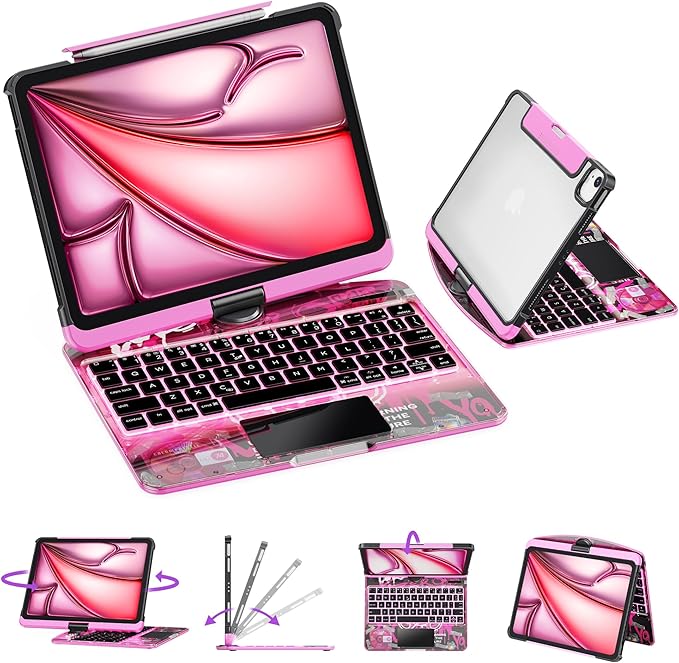 GUSGU Transparent Case with Wireless Keyboard for iPad 10.2-in (7th, 8th, and 9th Gen), 7 Colors Backlight, Trackpad, 360°Rotating Stand, Tech Style