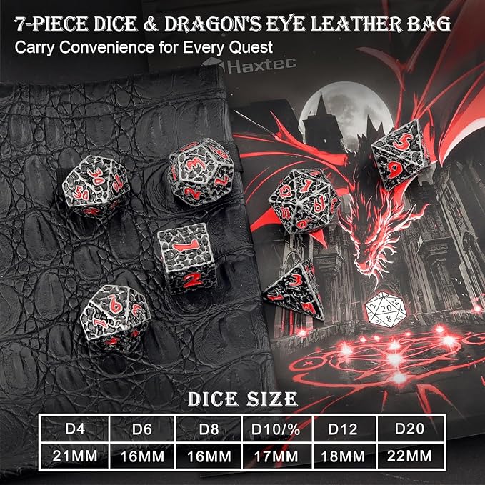 Haxtec DND Dice Set Polyhedral D&D Dice Compatible with Dungeons and Dragons Gift TTRPG Antique Iron Red Metal Dice