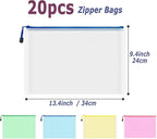 AUSTARK 20 Pcs Zipper File Bags, Plastic Mesh Pouch, Board Game Storage Bag, Waterproof Bags for Office School (A4 Size 13.4''x9.4'', Multicolored)
