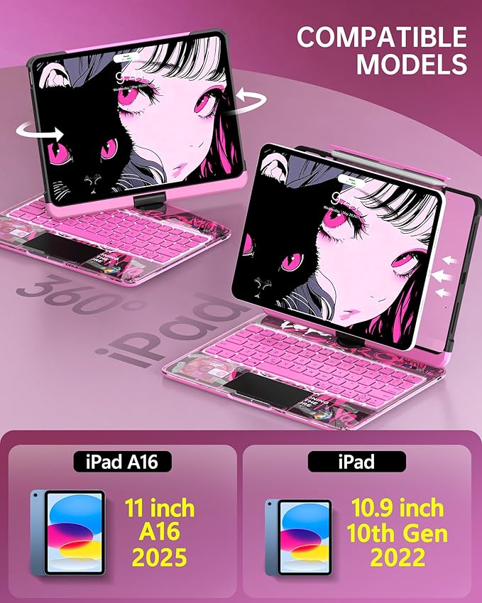 Intermerge Clear iPad A16 11th (2025) & 10th Generation 10.9" Case with Keyboard, 360° Transparent Multi-Touch Trackpad, 7-Color RGB Keyboard, Pencil Holder, Type-C, Power Indicator, Blush Pulse