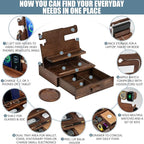 Wood Phone Docking Station for up to 3 Phones - Nightstand Organizer with Drawer for Valuables for Men & Women, Compatible with Apple Watch, Holds Phones, Tablets, Keys, Rings, Glasses, Watches & EDC