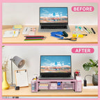 Computer Monitor Stand Riser with Drawer and Pen Holders, Desk Organizer Shelf and Accessories, Office Desk Accessories, Office Organization, Pink