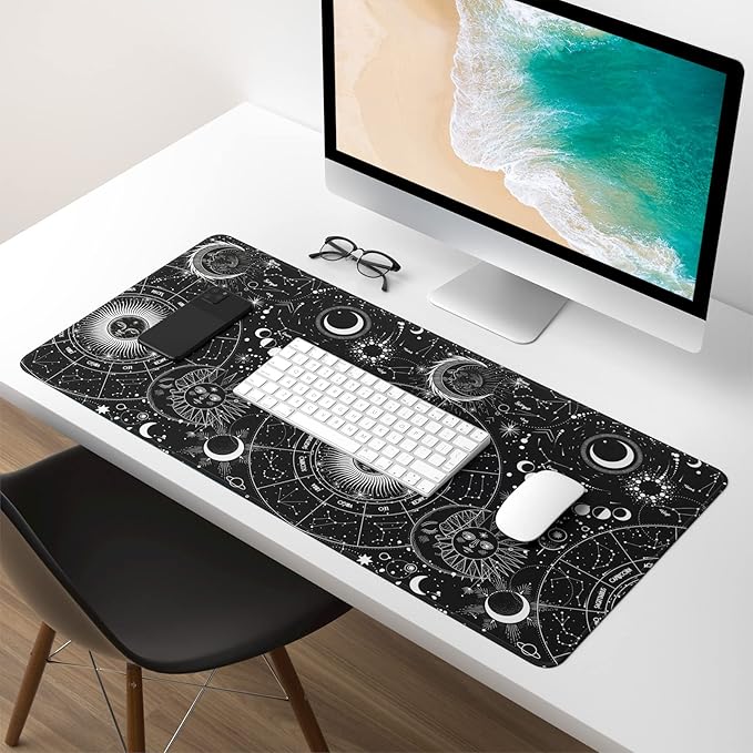 Extended Gaming Mouse Pad, XXL Large Desk Pad 30 x 14 Inch, Big Computer Keyboard Mousepad, Waterproof Mouse Mat with Stitched Edges and Non-Slip Base for Women Office Gaming, Sun Moon