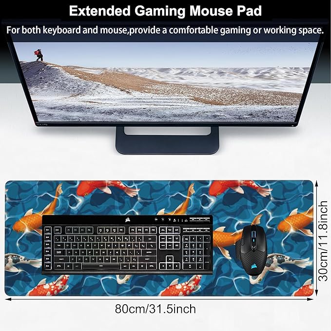 Koi Carps Desk Mat,Large Swimming Koi Fish Gaming Keyboard Mouse Pad,Non-Slip Rubber Base Desk Pad Thick Stitched Edges Waterproof Mousepad Mouse Mat 31.5"x11.8"