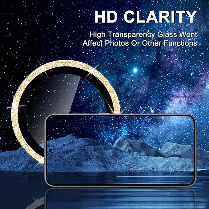 for Samsung Galaxy S25 Plus Camera Lens Protector, Individual Metal Ring Tempered Glass Lens Cover, [Strong Adsorption] Scratch Resistant Ultra-Thin HD Clear Lens Cover, 1 Set-Gold Sparkly