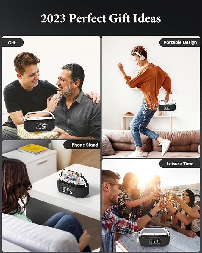 COLSUR Bluetooth Speaker with Wireless Charger, FM Radio, Dimmable LED Night Light, Stereo Sound Dual Wireless Speakers, 2500mAh Portable Speaker for Home Decoration, Bedroom, Office, Gift
