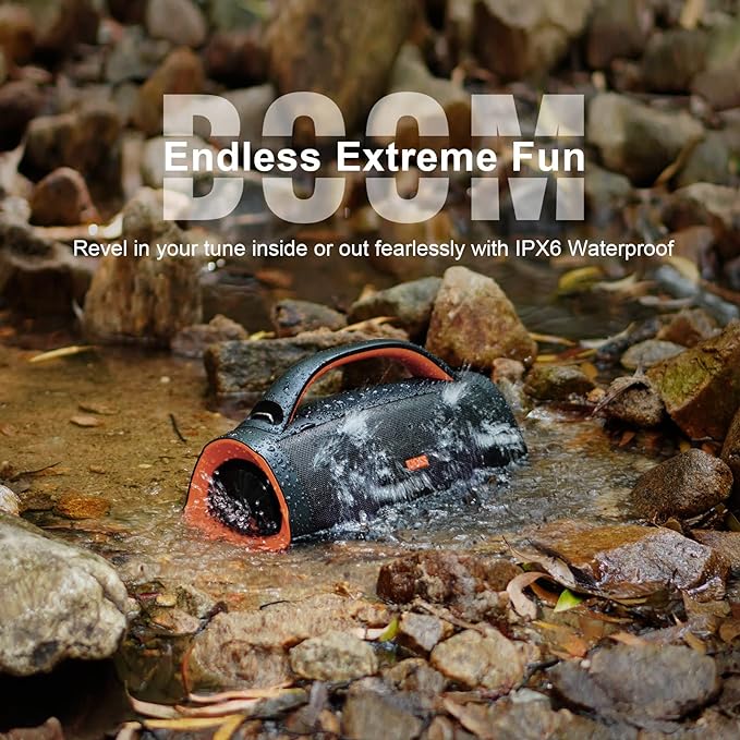 DOSS Extreme Boom Pro Bluetooth Speaker with 100W Stereo Sound, Rich Bass, IPX6 Waterproof, 20H Playtime, Power Bank, Mixed Color Light, Portable for Outdoor, Camping, Beach - Orange