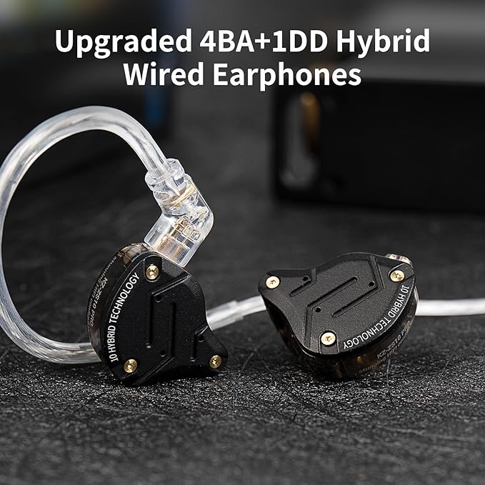KZ ZS10 Pro in Ear Monitor, IEM Earbuds Headphone, Gaming Earbuds with 4BA and 1DD Drivers, KZ HiFi IEM Earphone Upgraded ZS10 with Detachable 0.75mm 2 Pin 6N OFC Cable (Black No Mic)