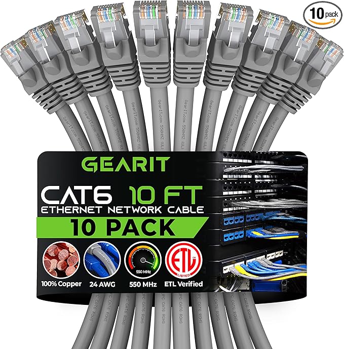 GearIT Cat 6 Ethernet Cable (10-Pack 10 Feet) Cat6 Network Patch, 10Gbps, RJ45, Snagless Cord, Gold-Plated Connectors, Internet for PC, TV, Tablet, Router, Printer, Servers, IT Data Center - Gray