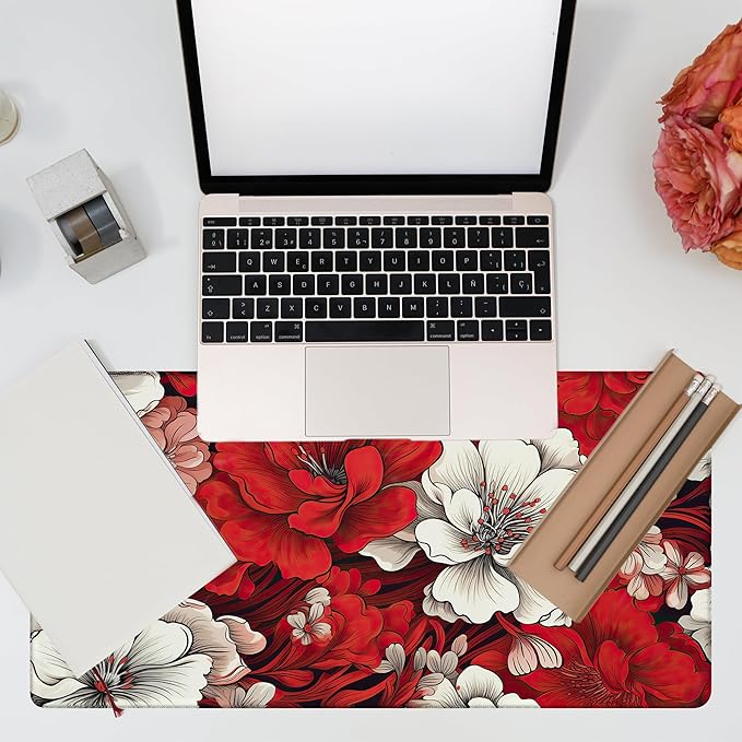 Desk Pad, Red and White Flowers Desk Mat, Retro Red Floral Large Gaming Mouse Pad, 31.5"x15.7" Extended Big Computer Keyboard Mouse Pad with Non-Slip Base and Stitched Edge